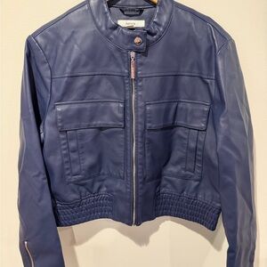 Kensie French Navy Faux Leather Bomber Jacket Large NWT